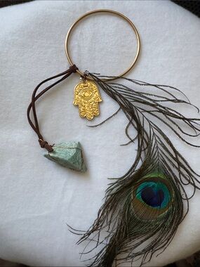 Gold Hamsa Charm Bangle with Mint Stone and Peacock Feather Accent